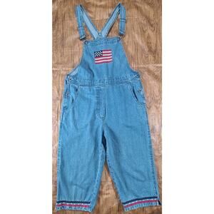 Vintage Agapo Bib Overalls Womens Med Crop Capri Embroidered Flag 4th July Y2K